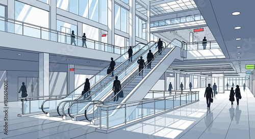 Modern Escalator Hallway with Silhouettes of People Moving Up and Down