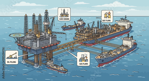 Offshore Oil and Gas Platform with LNG Tankers and Processing Facilities