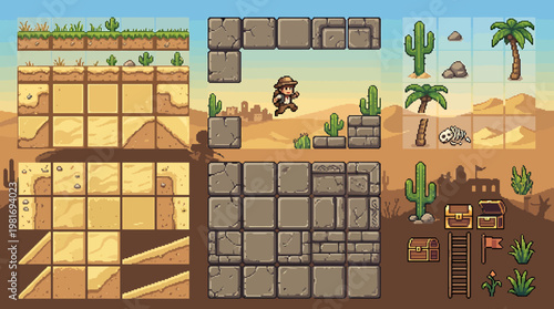 Pixel Art Desert Landscape Game Assets with Adventurer