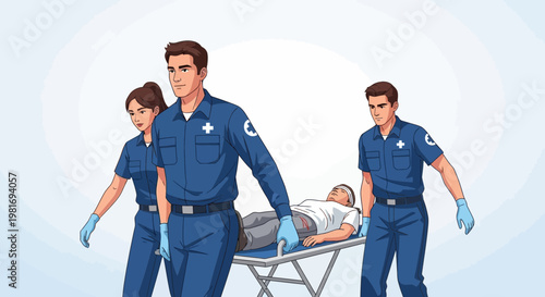 Paramedics Carry Injured Patient on Stretcher, Emergency Medical Services Team