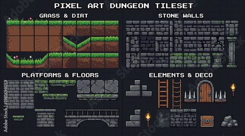 Pixel Art Dungeon Tileset for Game Development and Fantasy Worlds