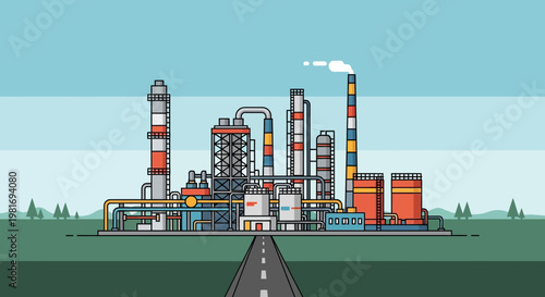 Modern Industrial Factory with Smokestack, Oil Refinery Plant, Petrochemical Complex, Flat Design