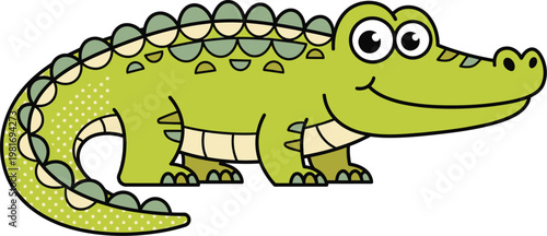 Alligator walks across the frame with a textured green body and large expressive eyes in a simple illustration style.