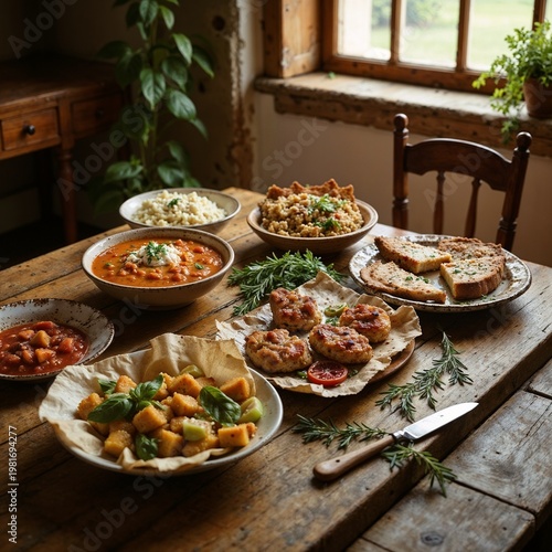 Dinner table with homemade dishes and green plants in a cozy rustic setting