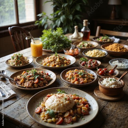 Assorted dishes on a wooden table, showcasing diverse flavors in a cozy setting
