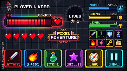 Retro Pixel Art Game UI with Health and Mana Bars