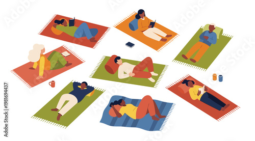 Illustration of people relaxing on colorful rugs with books and drinks in a casual setting
