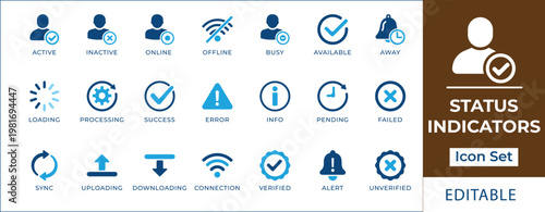 Status indicators icon set featuring user verification, upload, download, notification bell, loading, alert warning, wifi signal, and system update symbols.