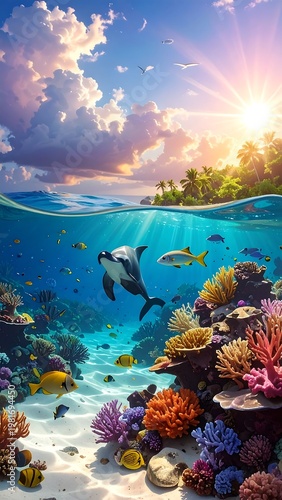 A vibrant underwater scene with a dolphin and fish near a coral reef