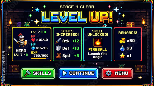 Pixel Art Level Up Screen with Game Rewards and Skills