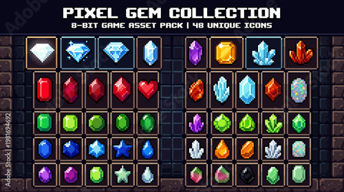 8-Bit Pixel Gem Collection for Retro Game Development