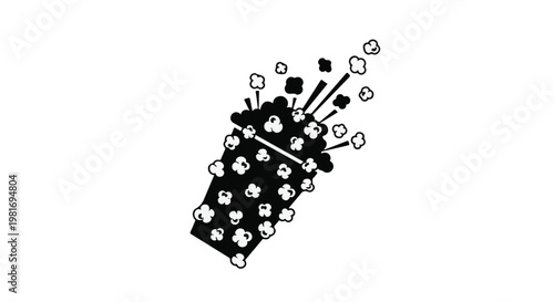 Popcorn bursts dynamically from a stylized cup, creating an energetic black and white illustration that embodies the thrilling essence of cinema, entertainment, and joyful celebration.