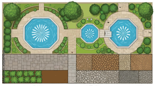 Top view of a park with fountains and paved paths
