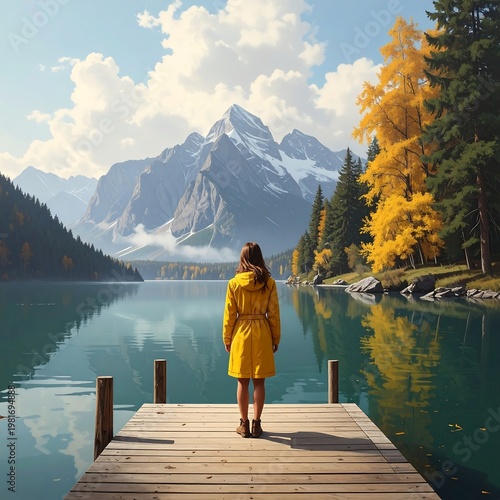 A woman in a yellow coat stands on a dock overlooking a lake