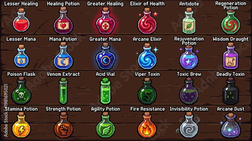 Fantasy Potion Collection with Icons and Labels