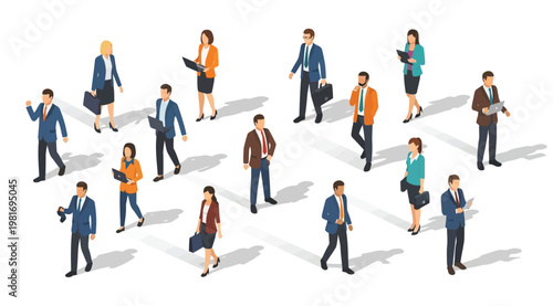 A diverse group of business professionals walking in various directions in business attire with briefcases and laptops