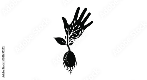 Plant sprout growing from a seed with human hand silhouette integration represents environmental stewardship, sustainable growth, organic development, and the human connection to nature.