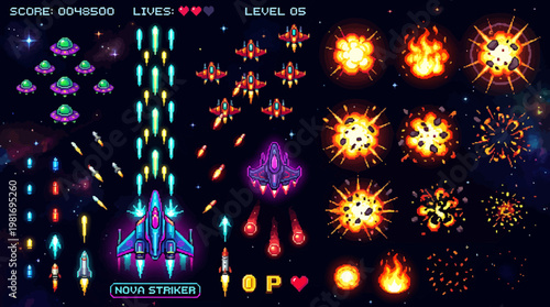 Retro Space Shooter Game Assets with Pixel Art Explosions and Spaceships