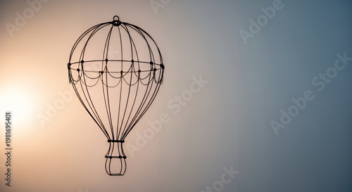 A black wireframe hot air balloon against a sunset sky background
