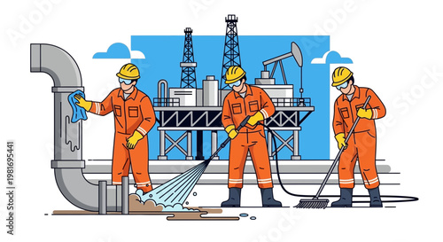 Oil workers cleaning industrial equipment at offshore platform, illustration