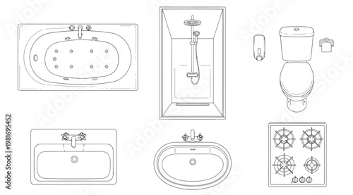 Top view of bathroom and kitchen fixtures, including bathtub, shower, toilet, sinks, and gas stove