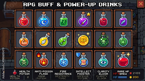 Pixel Art RPG Buff and Power-Up Drinks Collection