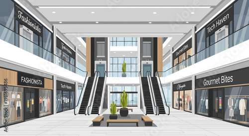 Modern Shopping Mall Interior with Escalators, Shops, and Benches - Bright and Spacious