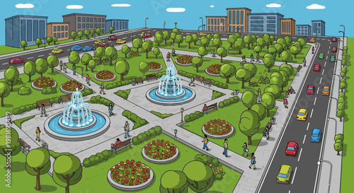 Vibrant City Park with Fountains, Trees, Flowerbeds, and People - Aerial View