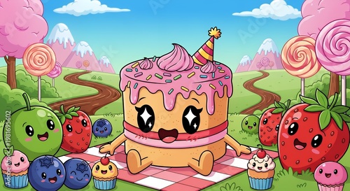 A cartoon cake with pink frosting and sprinkles sitting on a picnic blanket surrounded by fruit and cupcakes in a colorful landscape