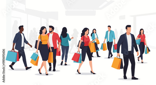 Diverse group of people shopping in a modern mall, carrying bags and enjoying retail therapy.