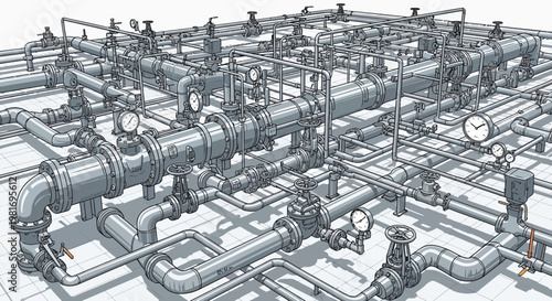 Complex industrial pipeline system with gauges and valves