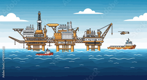 Offshore Oil Rig Platform in Ocean with Support Vessels and Helicopter