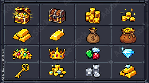 Pixel Art Treasure Icons for Game Development and Design