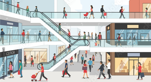 Busy shopping mall interior with people on escalators and floors, modern retail space