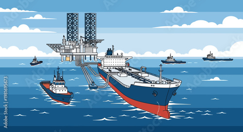 Offshore Oil Platform and Tanker Ship Transferring Fuel at Sea