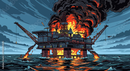 Burning Oil Rig Disaster at Sea, Industrial Accident, Offshore Platform Explosion