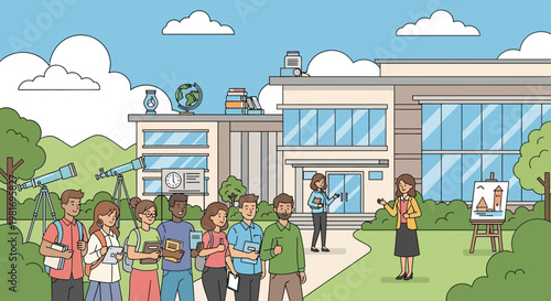 Diverse students and teachers at modern school campus with science and art activities