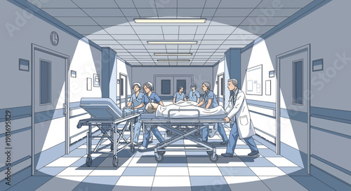 Medical Team Rushing Patient Down Hospital Corridor