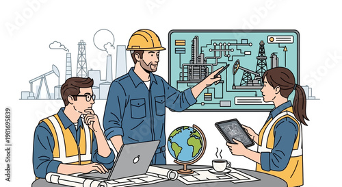 Engineers Discussing Oil Refinery Project Plan On Digital Screen and Blueprints