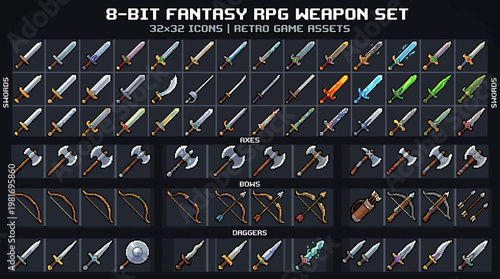 8-Bit Fantasy RPG Weapon Set Pixel Art Icons