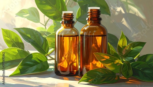 Two amber bottles on a table surrounded by green leaves