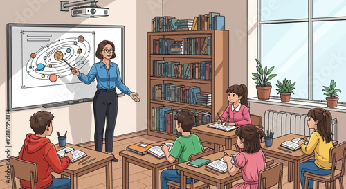Teacher explaining solar system model to students in a classroom