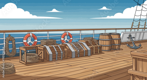 Pixel Art Ship Deck with Cargo, Lifebuoys, and Anchor - Vintage Nautical Scene