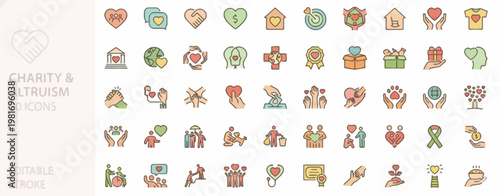 Large collection of outline icons representing charity, altruism, giving, community support, humanitarian aid, and philanthropy with editable stroke