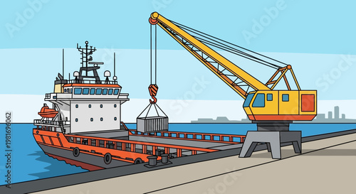 Cargo ship loading container with crane at port, industrial logistics, transportation, shipping industry