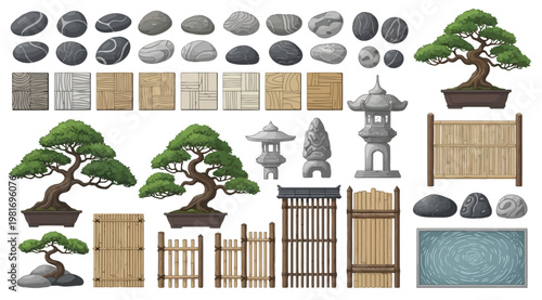 Japanese garden elements and bonsai trees collection