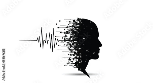 Human head profile disintegrating into a cloud of digital particles coupled with a rhythmic pulse line signifies the complex relationship between artificial intelligence and human thought processes.