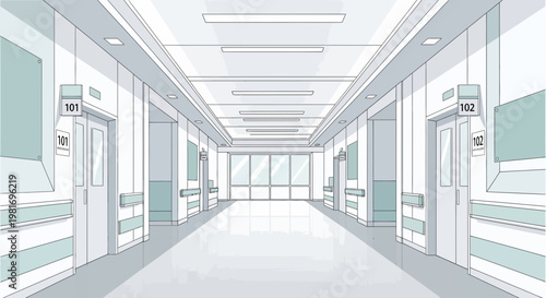 Modern Hospital Corridor with Doors, Lights, and Windows - Clean Medical Interior