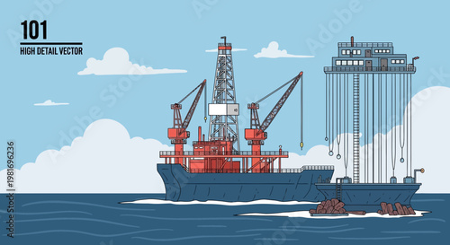 Offshore Oil Rig Ship with Cranes and Drilling Platform in Ocean