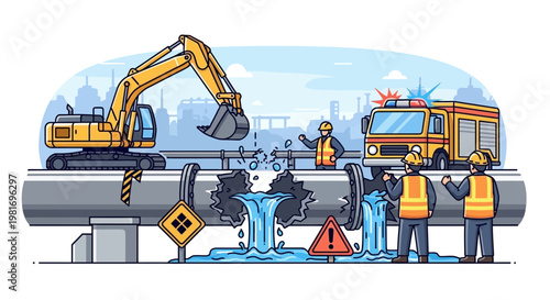 Construction workers repair broken water pipe with excavator and fire truck on scene